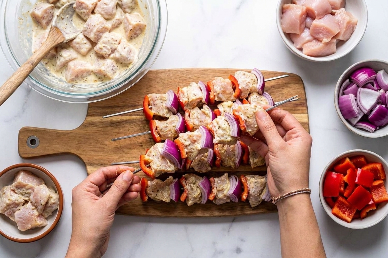 Marinated chicken pieces being threaded onto metal skewers on a cutting board with chunks of red onion and bell pepper nearby