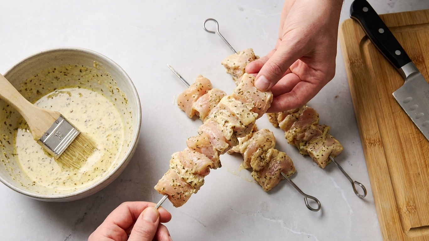 Marinated chicken pieces being threaded onto metal skewers over a kitchen counter with a bowl of marinade nearby