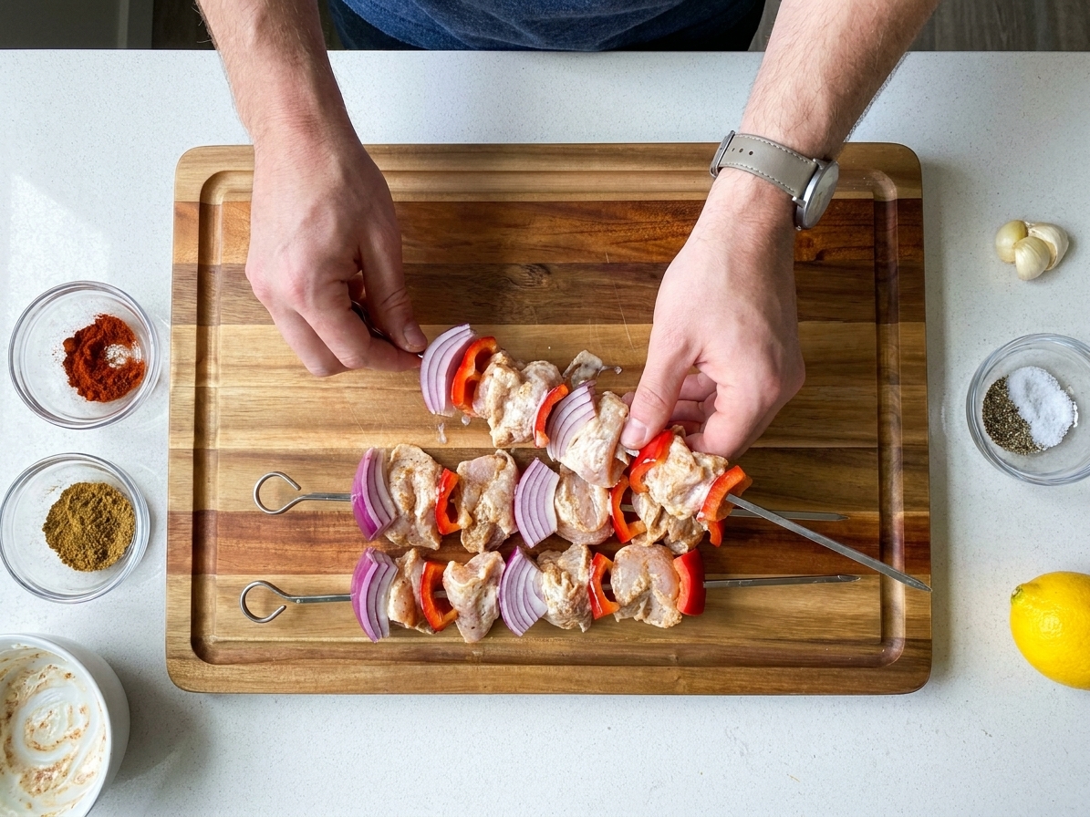Marinated chicken pieces, bell pepper, and red onion being threaded onto metal skewers over a cutting board on a kitchen counter
