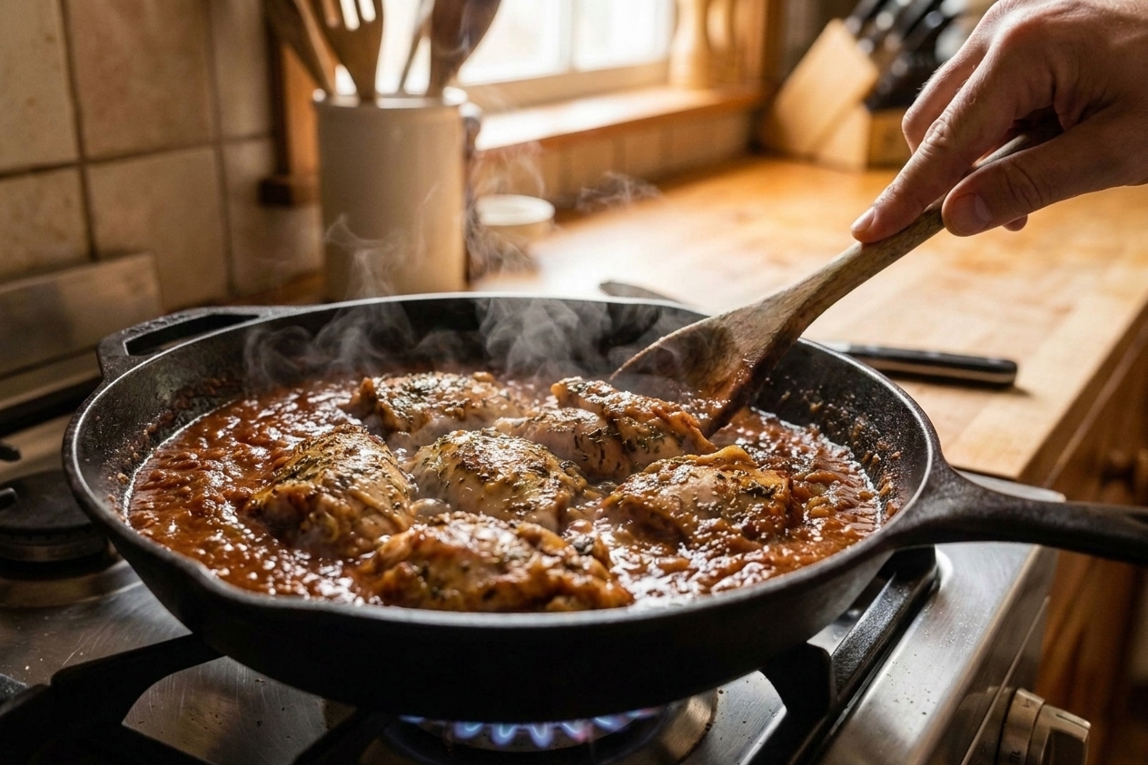 Marinated chicken pieces cooking in the center of a skillet with thick masala sauce pushed to the sides