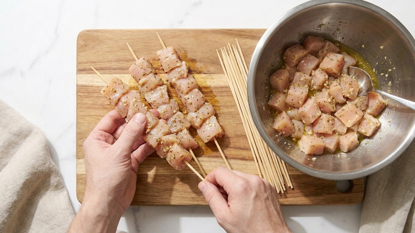 Marinated chicken pieces threaded onto wooden skewers over a cutting board in a home kitchen
