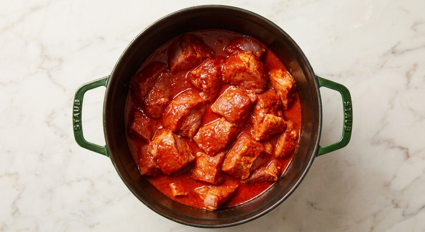 Marinated pork chunks in a Dutch oven with red achiote sauce pooled around the edges, ready to be covered