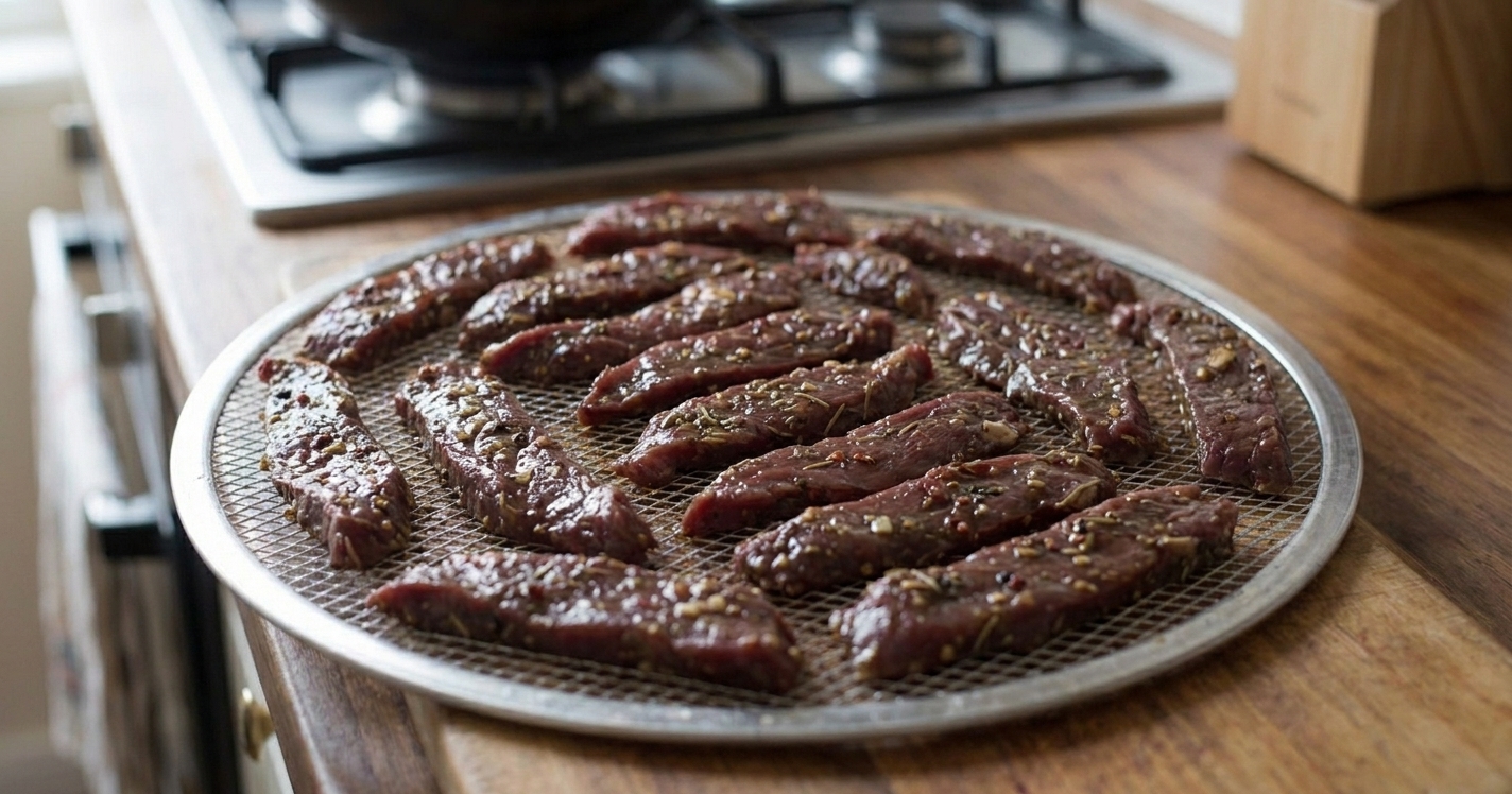 Marinated venison strips arranged in a single layer on dehydrator trays