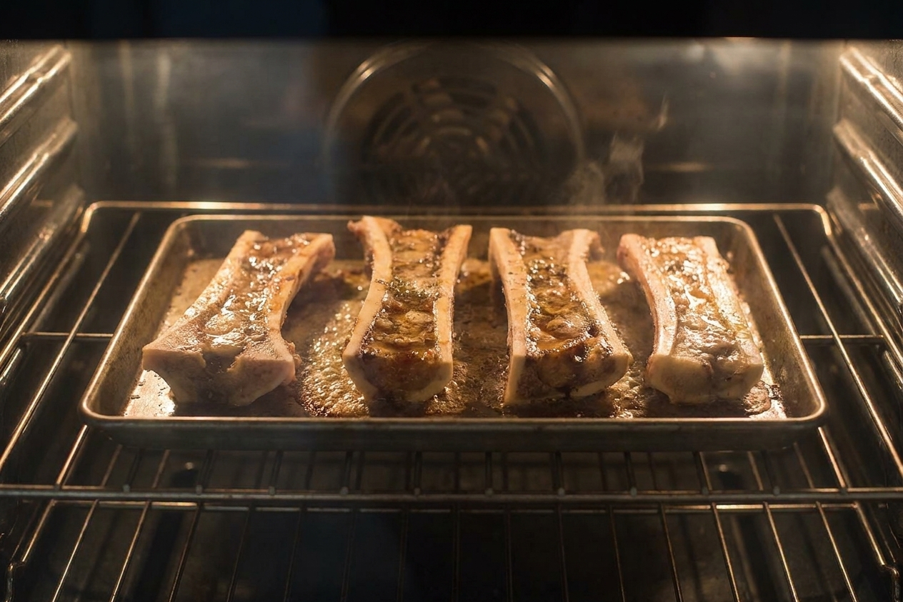 Marrow bones roasting on a baking sheet inside an oven, with the marrow beginning to bubble and turn glossy