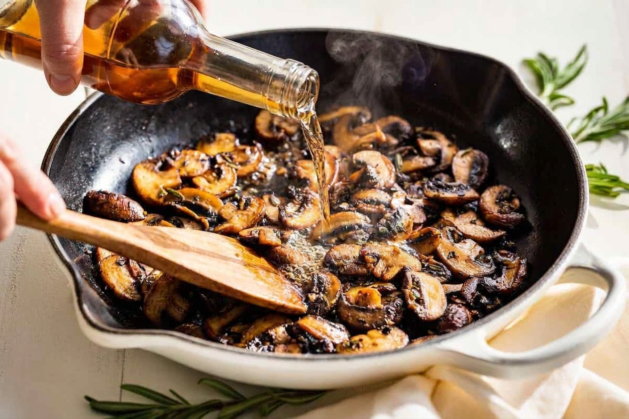 Marsala wine being poured into a hot skillet with mushrooms while a spoon scrapes browned bits from the pan bottom