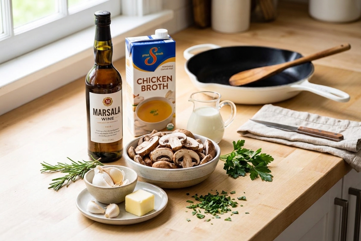 Marsala wine, sliced mushrooms, garlic, broth, cream, butter, and herbs arranged on a light kitchen counter