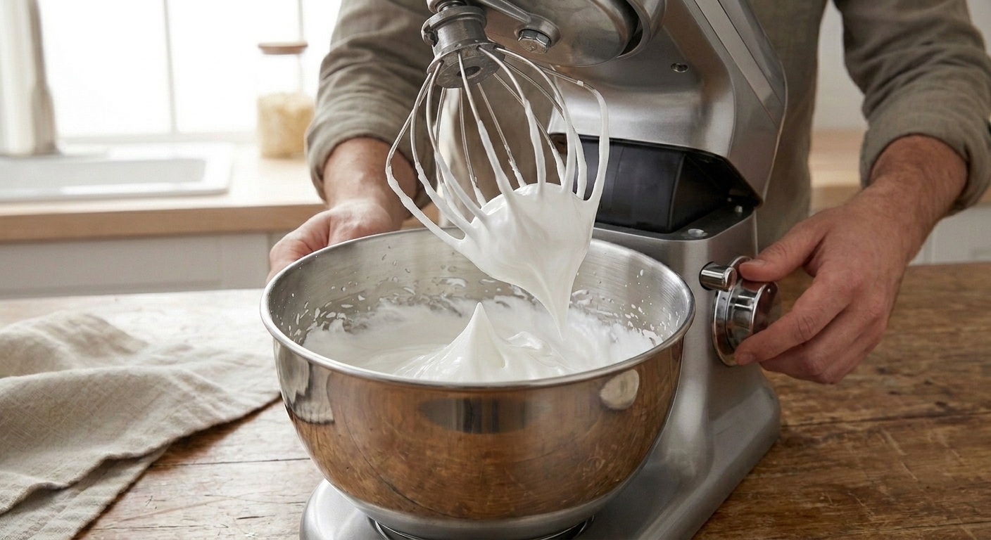 Marshmallow fluff being whipped in a stand mixer bowl with glossy peaks forming on the whisk