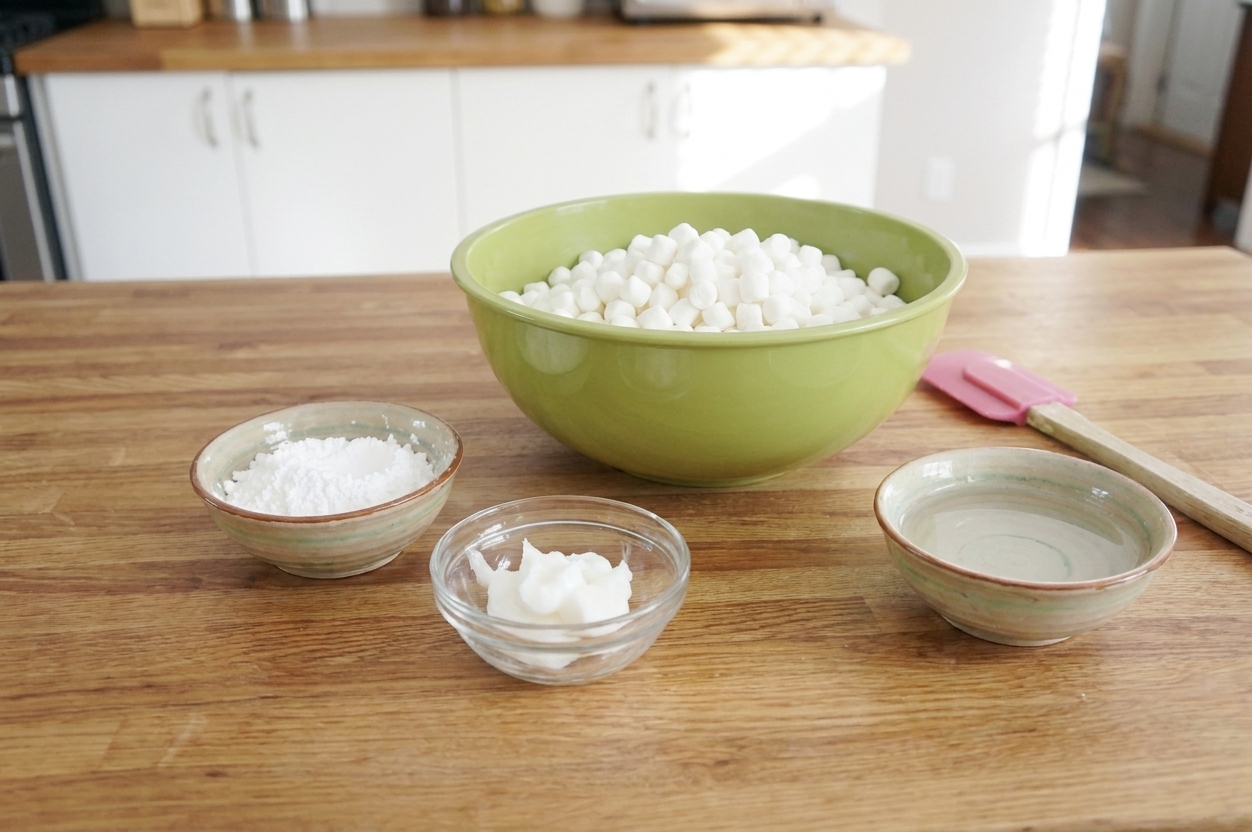 Marshmallows, powdered sugar, shortening, and a small bowl of water arranged on a clean kitchen counter