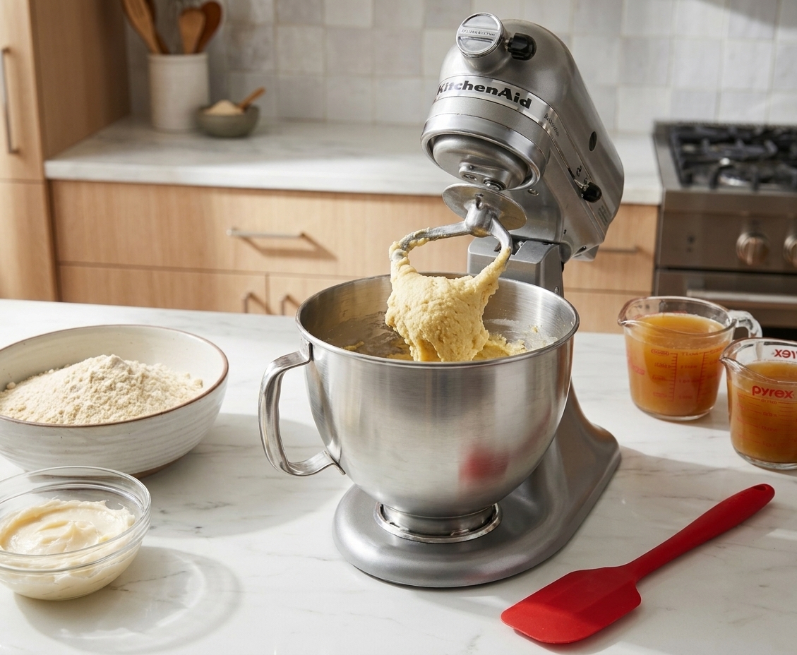 Masa dough being mixed in a stand mixer bowl with a flexible spatula nearby on a clean kitchen counter