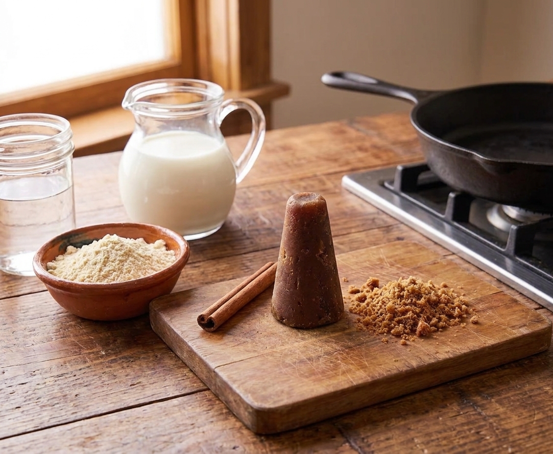 Masa harina, a cinnamon stick, piloncillo or brown sugar, milk, and water arranged on a clean kitchen counter in warm natural light