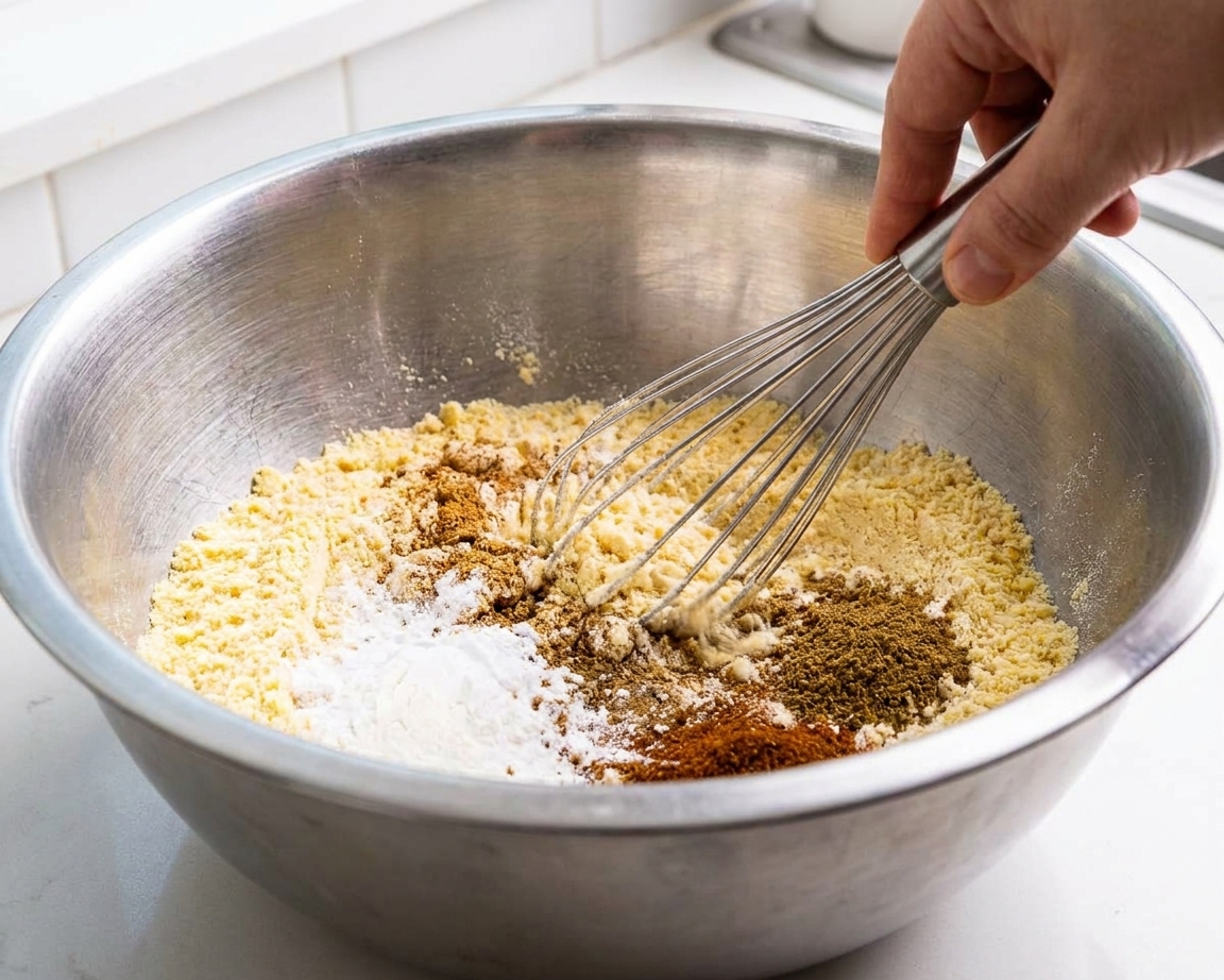 Masa harina, baking powder, and spices being whisked together in a large mixing bowl