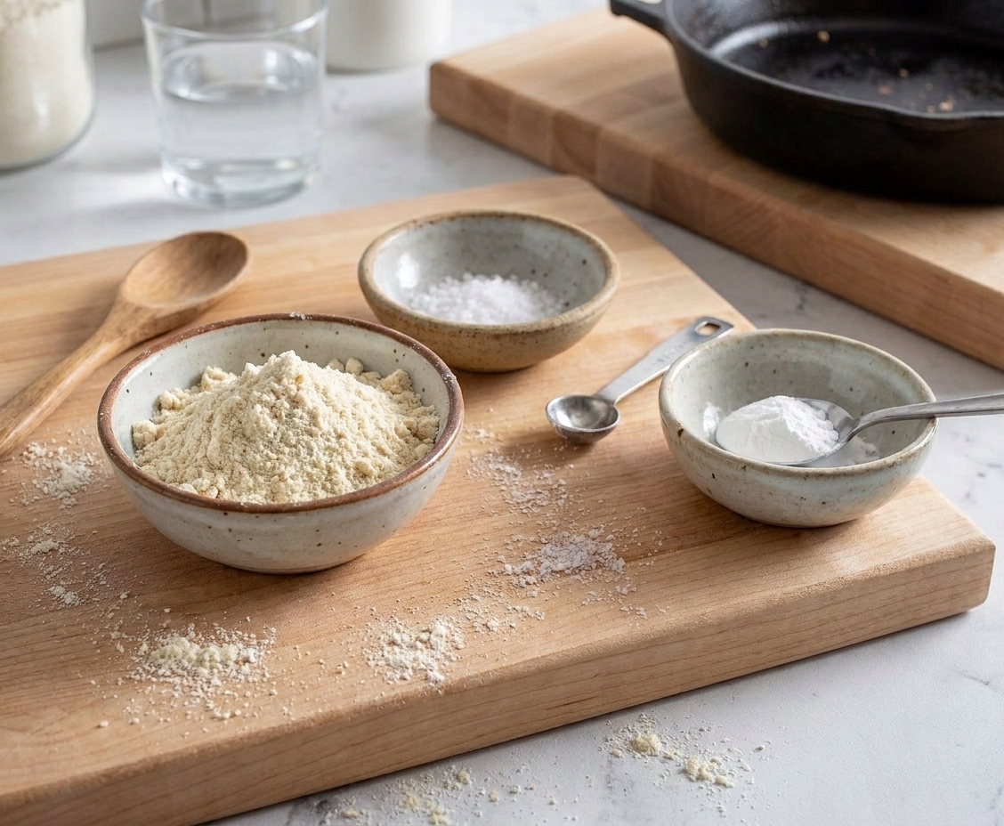 Masa harina, salt, and baking powder measured in small bowls on a light kitchen counter, ready to be mixed