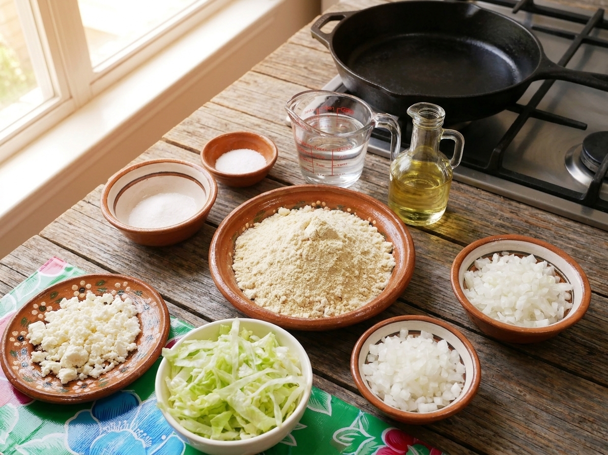 Masa harina, salt, warm water, oil, and small bowls of toppings arranged on a clean kitchen counter with warm natural light