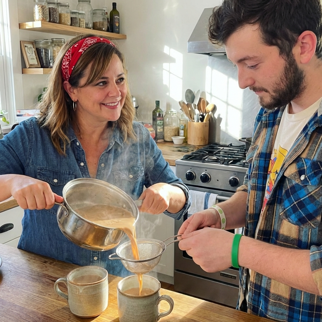 Masala chai being poured through a fine mesh strainer into two mugs
