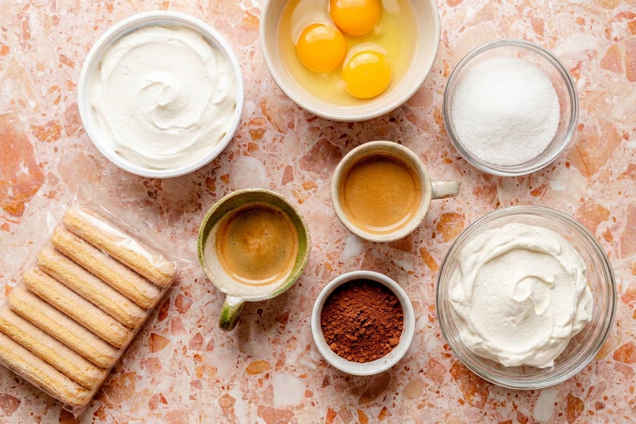 Mascarpone, eggs, sugar, ladyfingers, espresso, cocoa powder, and a bowl of whipped cream arranged on a clean kitchen counter in natural light