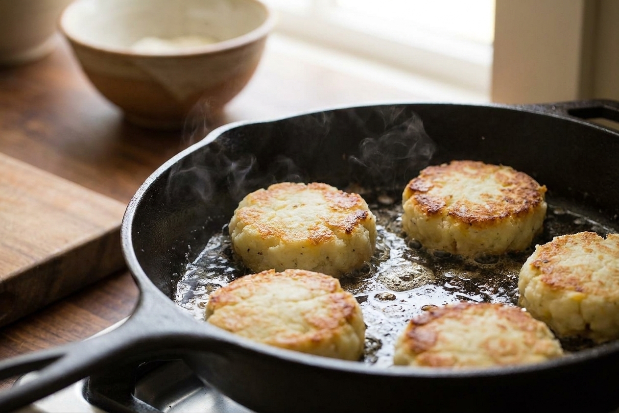 Mashed potato cakes sizzling in a cast iron skillet with oil, showing golden crust forming on the edges
