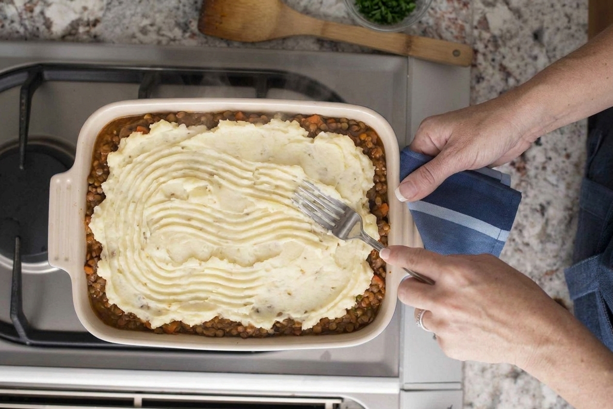 Mashed potato topping being textured with a fork into ridges over a baking dish filled with lentil vegetable mixture
