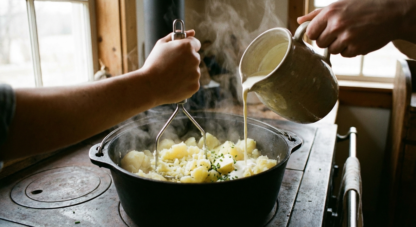 Mashed potatoes being mixed in a pot with a potato masher as warm cream is poured in