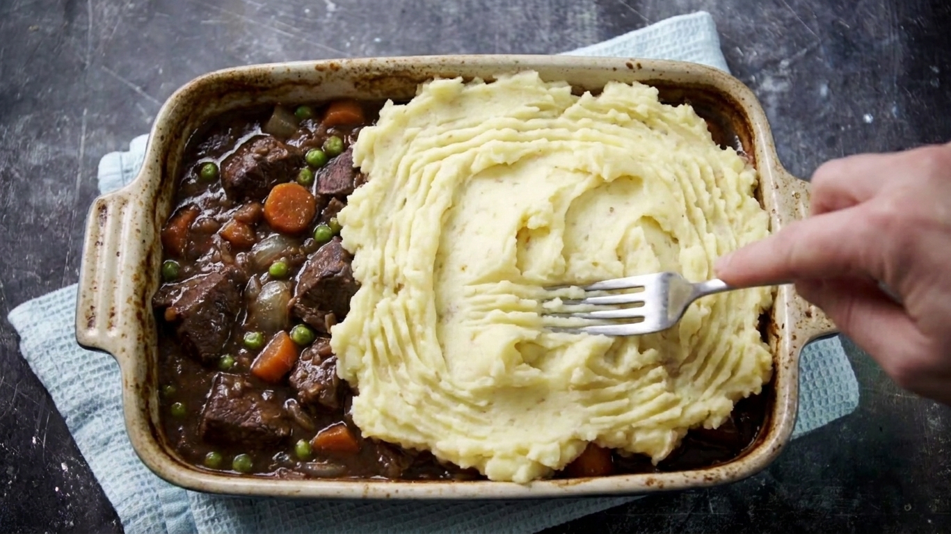 Mashed potatoes being spread over a baking dish filled with venison gravy and vegetables, with fork ridges forming on top