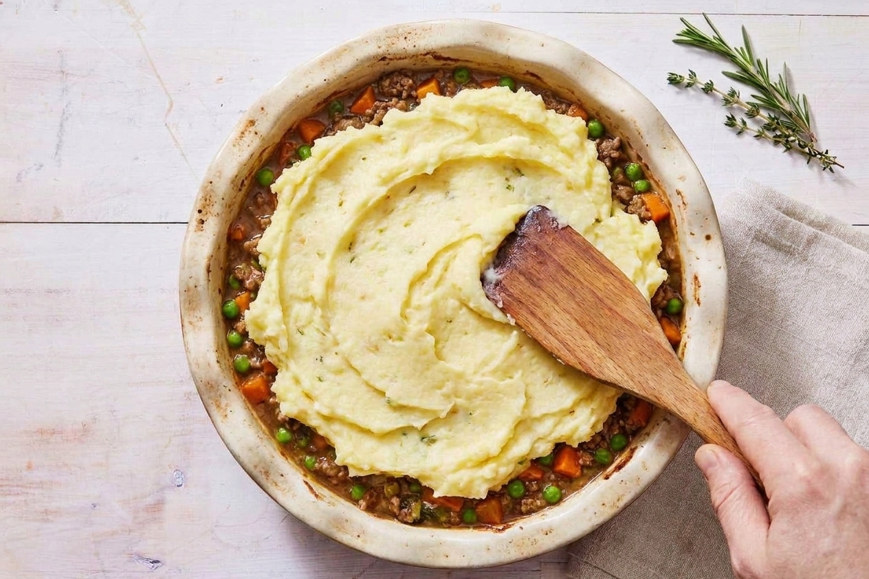 Mashed potatoes being spread over a meat filling in a baking dish with a spatula