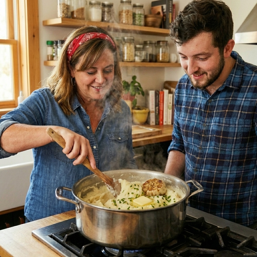 Mashed potatoes being stirred in a pot with steam rising