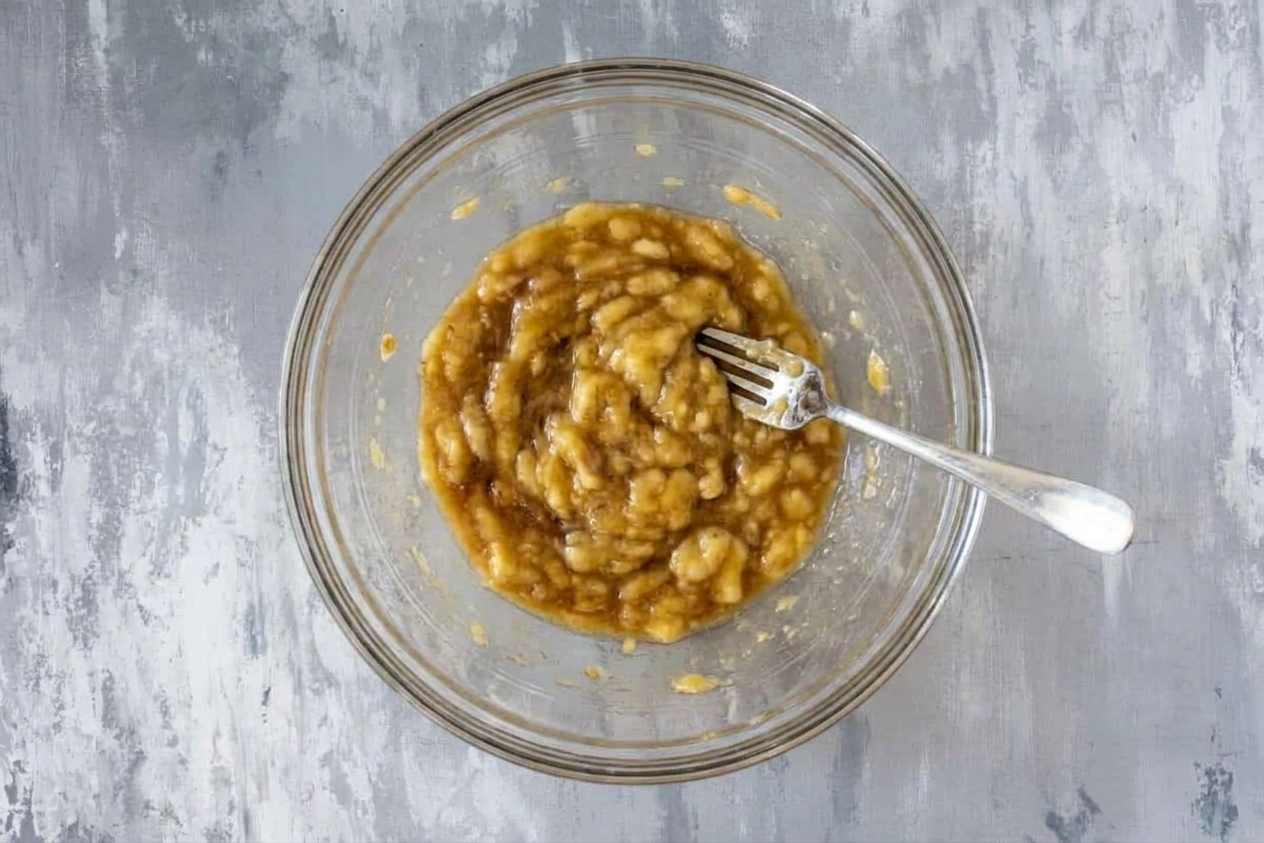 Mashed ripe bananas in a glass mixing bowl with a fork resting on the rim on a light kitchen counter