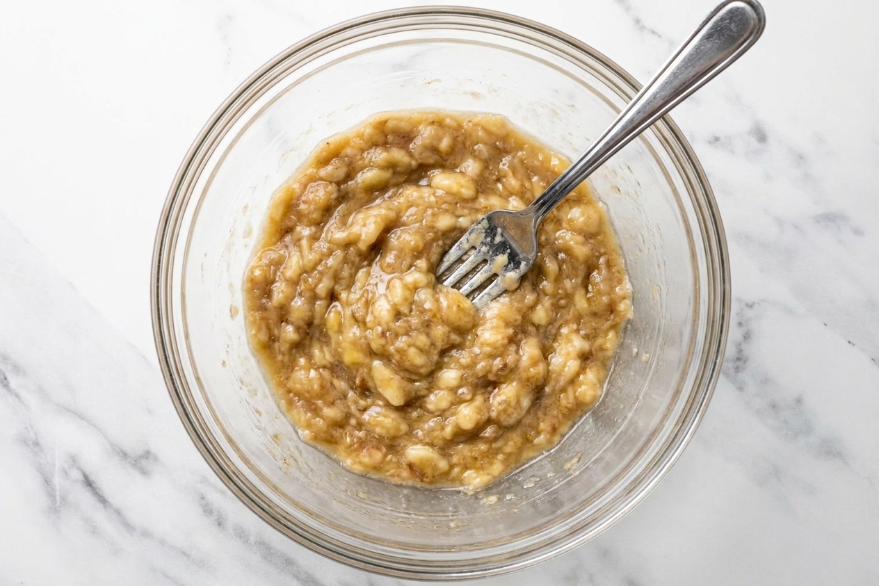 Mashed ripe bananas in a glass mixing bowl with a fork resting inside