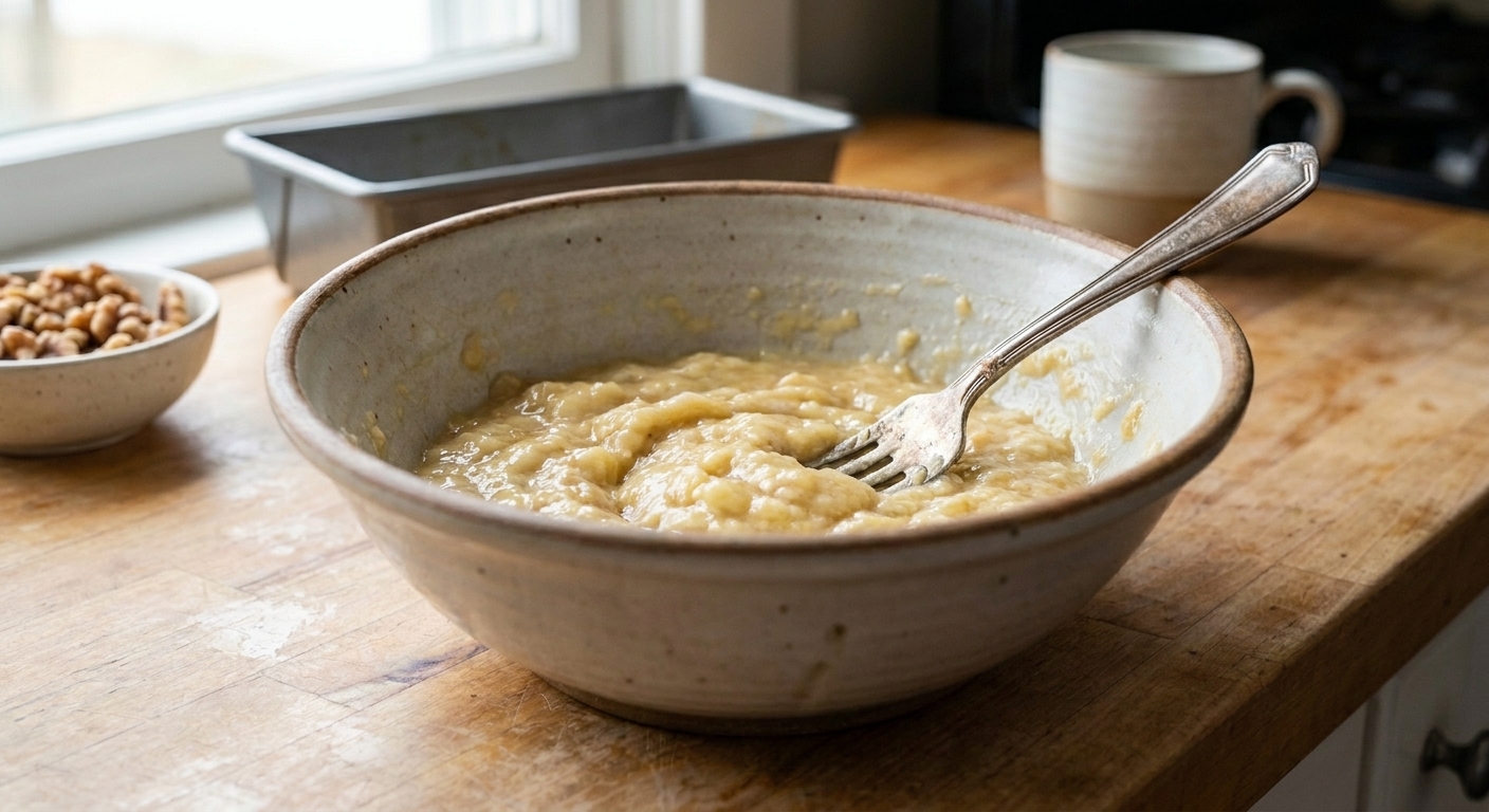 Mashed ripe bananas in a large mixing bowl with a fork resting inside on a bright kitchen counter
