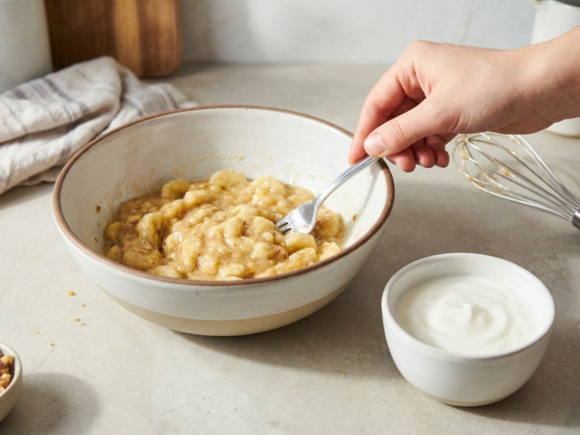 Mashed ripe bananas in a mixing bowl next to a small bowl of plain yogurt on a clean kitchen counter