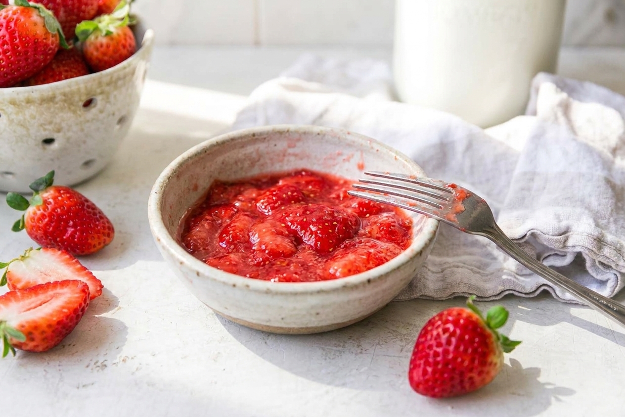 Mashed strawberries in a small bowl with a fork resting beside it on a bright kitchen counter