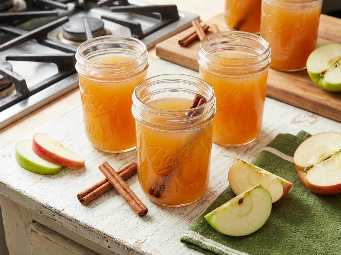 Mason jars filled with amber apple pie moonshine on a wooden counter with cinnamon sticks and sliced apples nearby