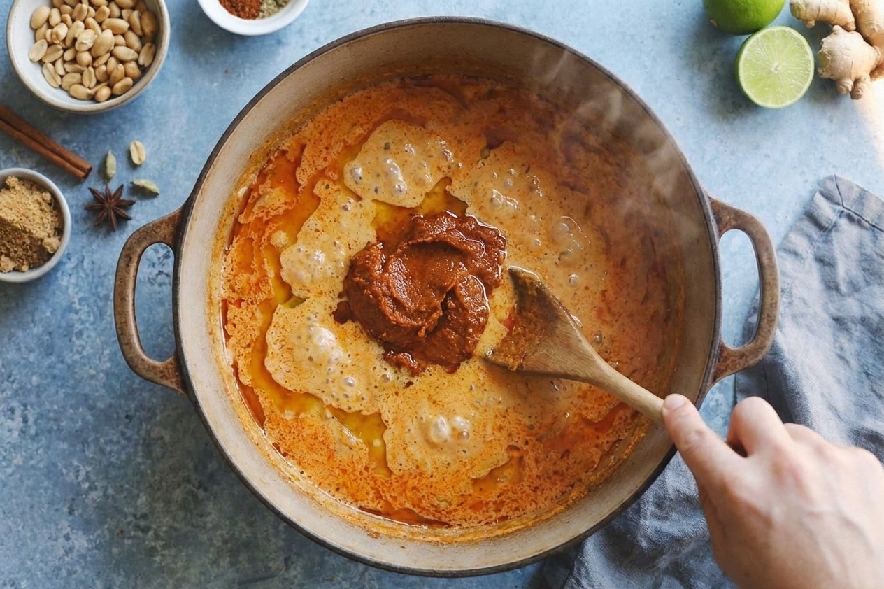 Massaman curry paste being stirred into coconut cream in a pot until glossy and fragrant
