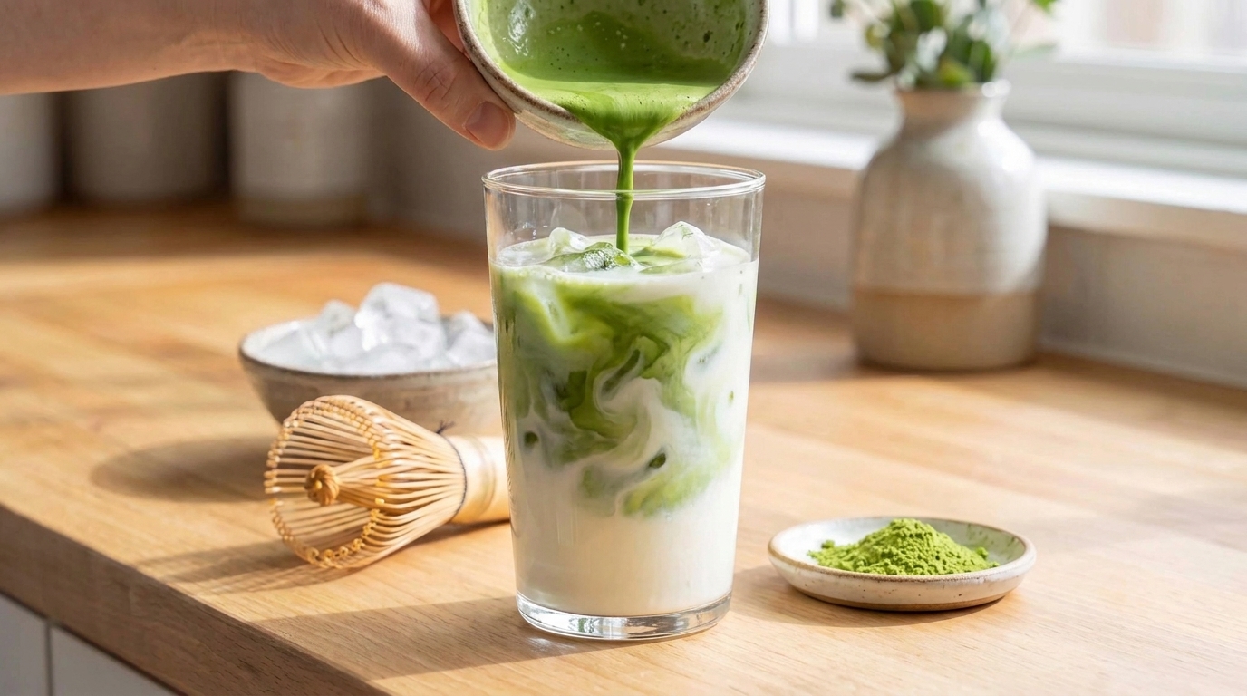 Matcha concentrate being poured into a tall glass of milk and ice, creating green swirls in the drink on a light kitchen counter