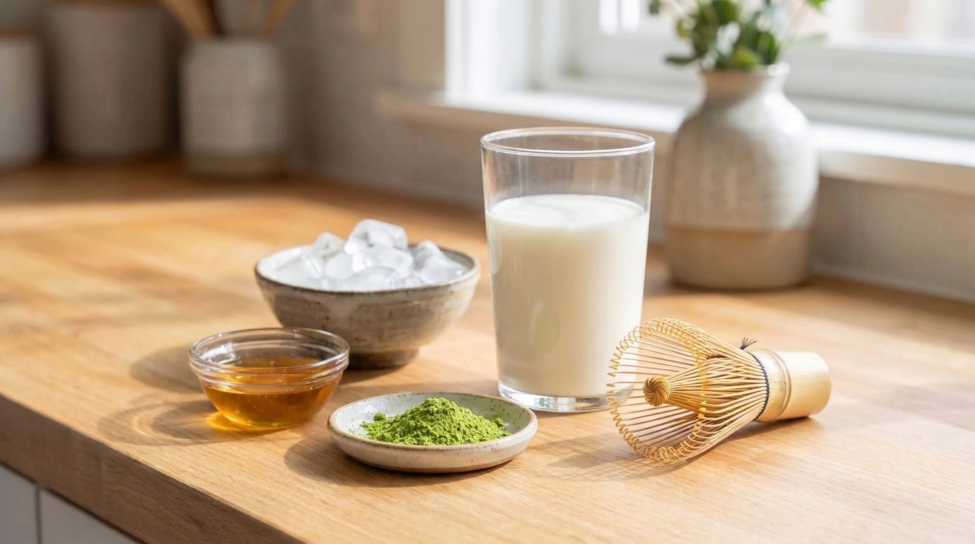 Matcha powder, a small bowl of honey, a glass of milk, and a bowl of ice arranged on a kitchen counter in soft natural light