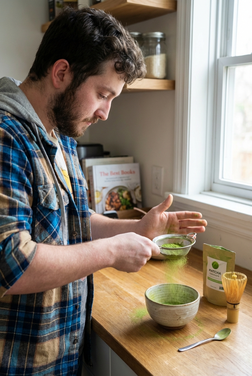 Matcha powder being sifted into a small bowl on a kitchen counter