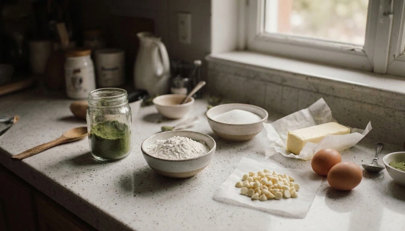Matcha powder, flour, sugar, butter, eggs, and white chocolate chips arranged on a clean kitchen counter in natural light