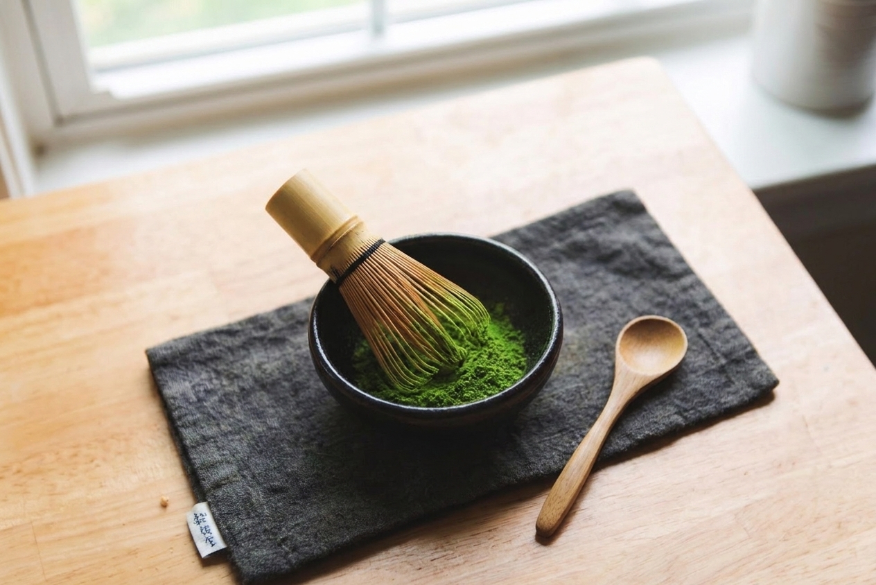 Matcha powder in a small ceramic bowl with a whisk and a measuring spoon on a clean kitchen counter