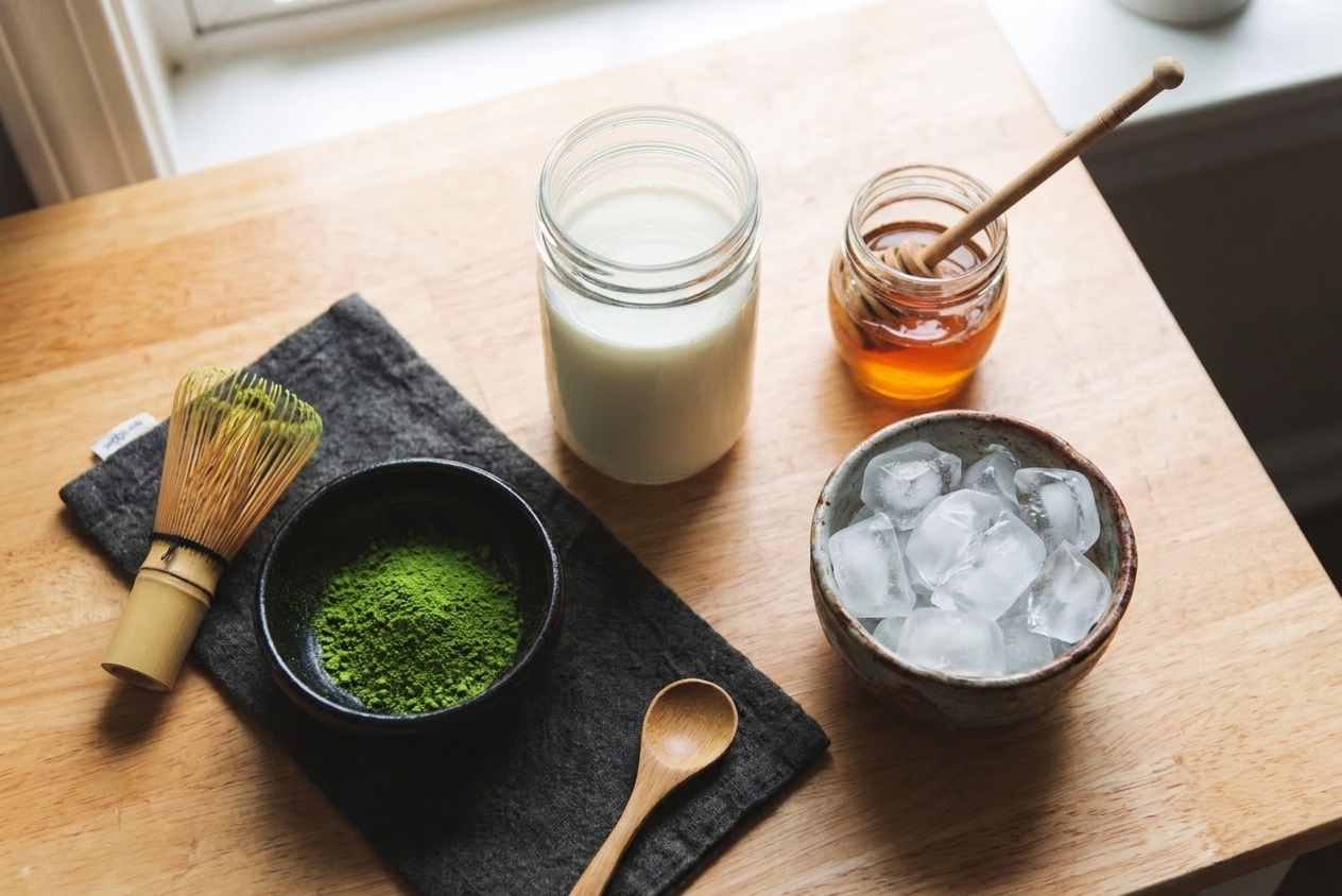 Matcha powder, milk, honey, a small bowl of ice, and a measuring spoon arranged on a bright kitchen counter