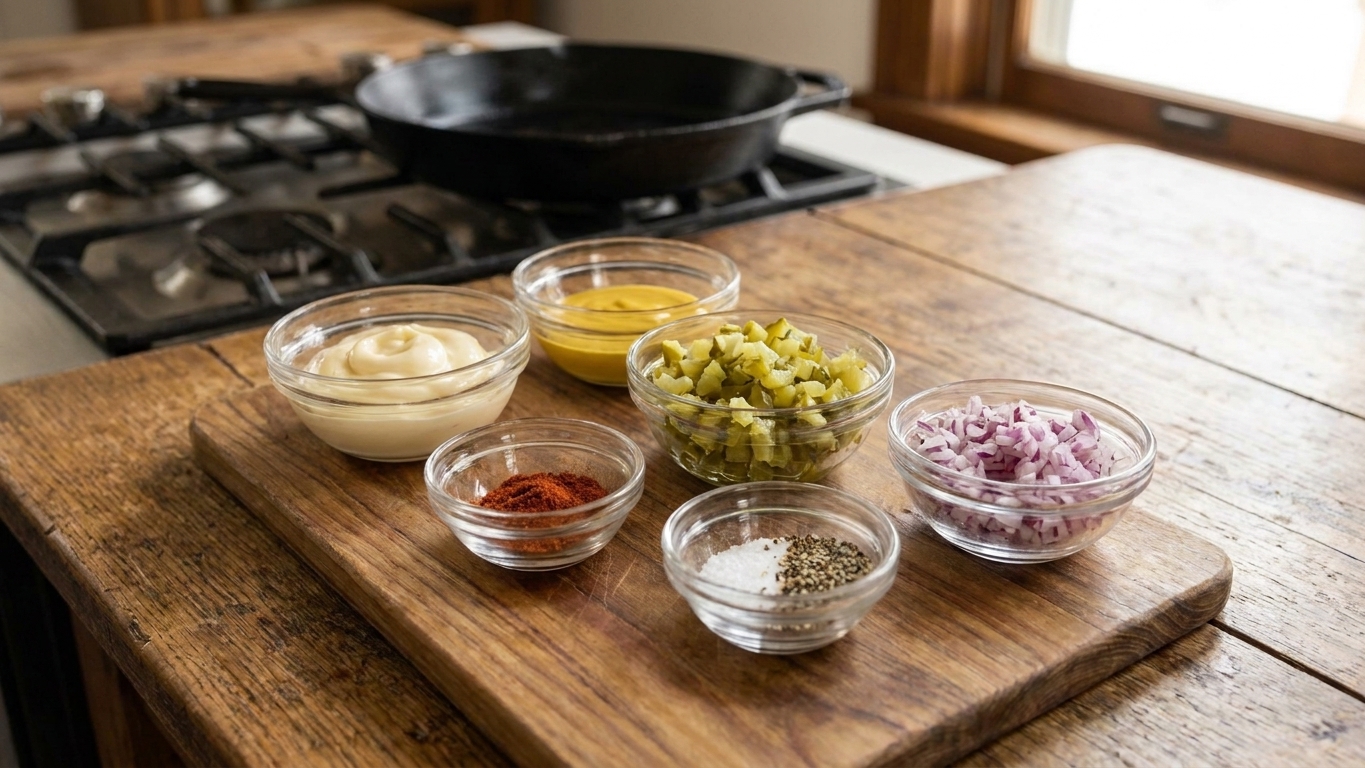 Mayo, mustard, chopped dill pickles, minced onion, paprika, and seasonings in small bowls on a kitchen counter