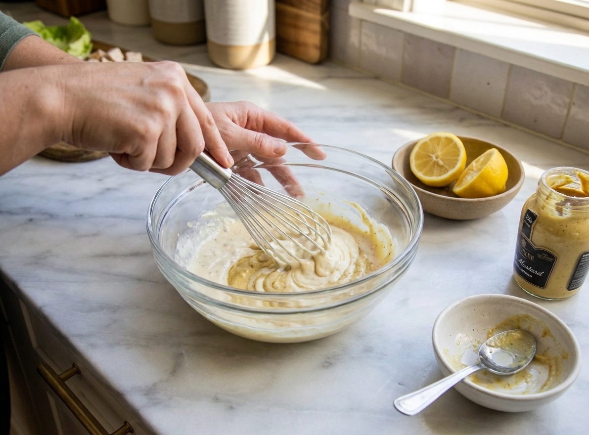 Mayonnaise, Dijon mustard, and lemon juice being stirred into a smooth dressing in a glass mixing bowl on a kitchen counter