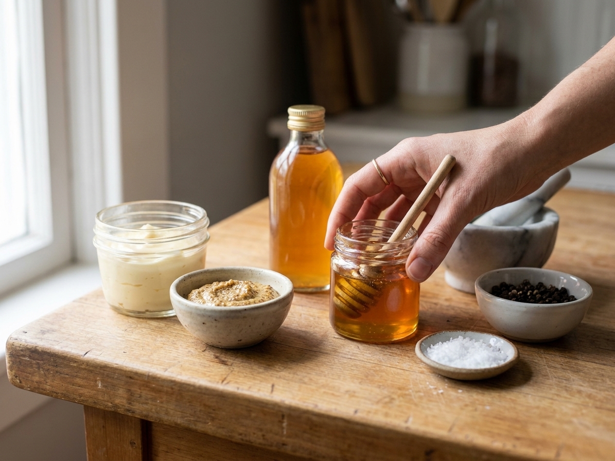 Mayonnaise, Dijon mustard, honey, apple cider vinegar, salt, and black pepper arranged on a clean kitchen counter in warm, consistent lighting