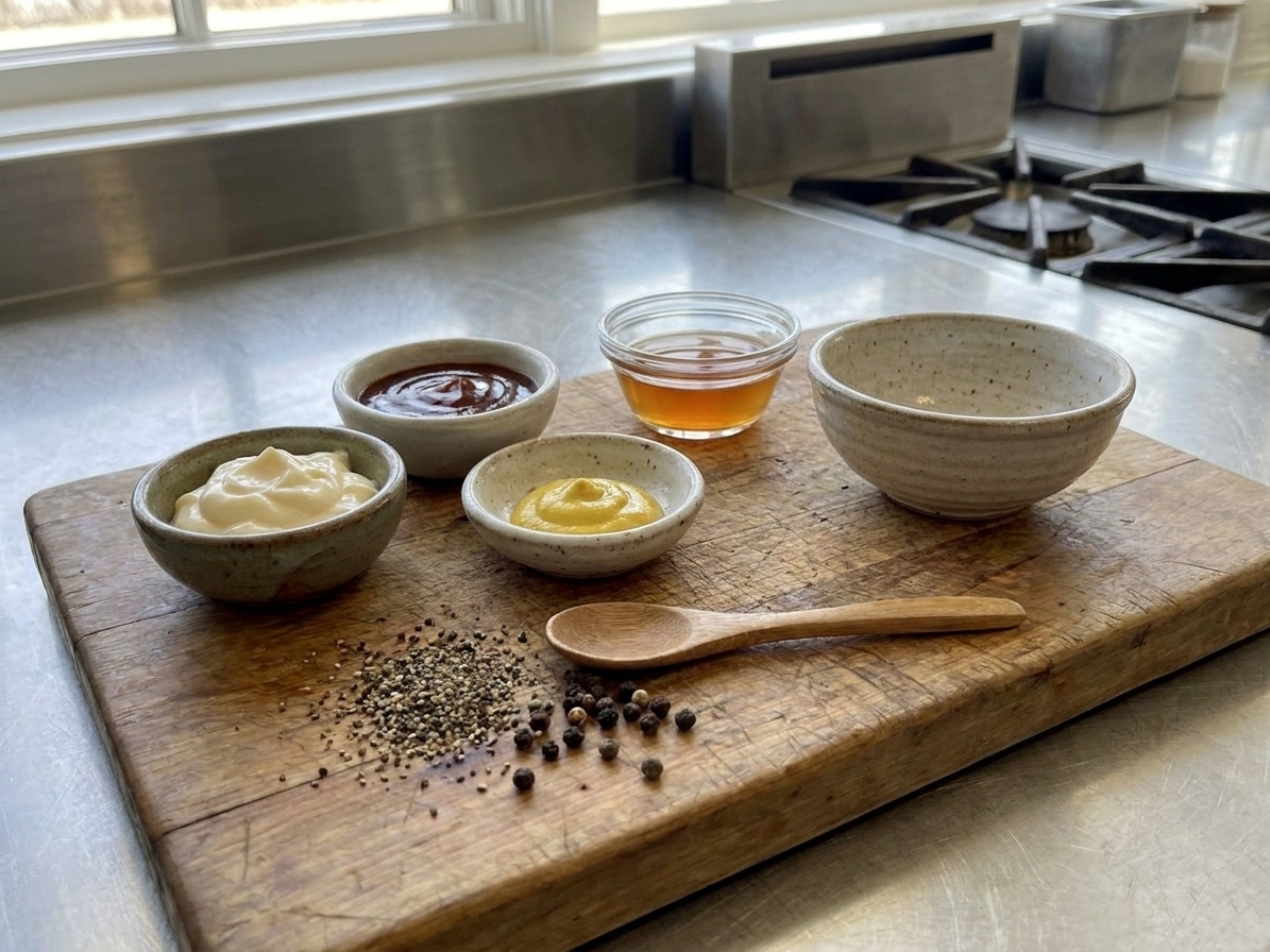 Mayonnaise, barbecue sauce, mustard, vinegar, and black pepper measured out beside a small mixing bowl on a kitchen counter