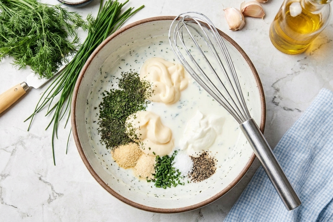 Mayonnaise, buttermilk, sour cream, and common dried herbs and spices measured out and ready to mix.