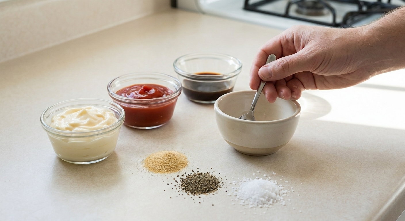 Mayonnaise, ketchup, Worcestershire sauce, garlic powder, black pepper, and salt measured on a light kitchen counter with a small mixing bowl