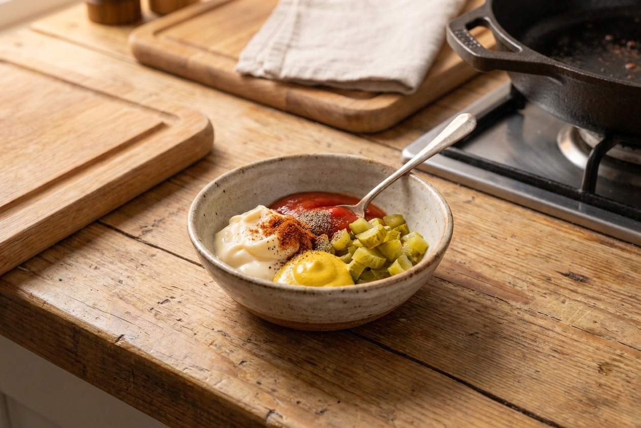 Mayonnaise, ketchup, mustard, chopped pickles, and spices measured into a small bowl on a kitchen counter