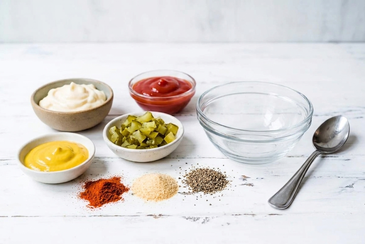 Mayonnaise, ketchup, mustard, chopped pickles, and spices arranged on a kitchen counter next to a small mixing bowl and spoon