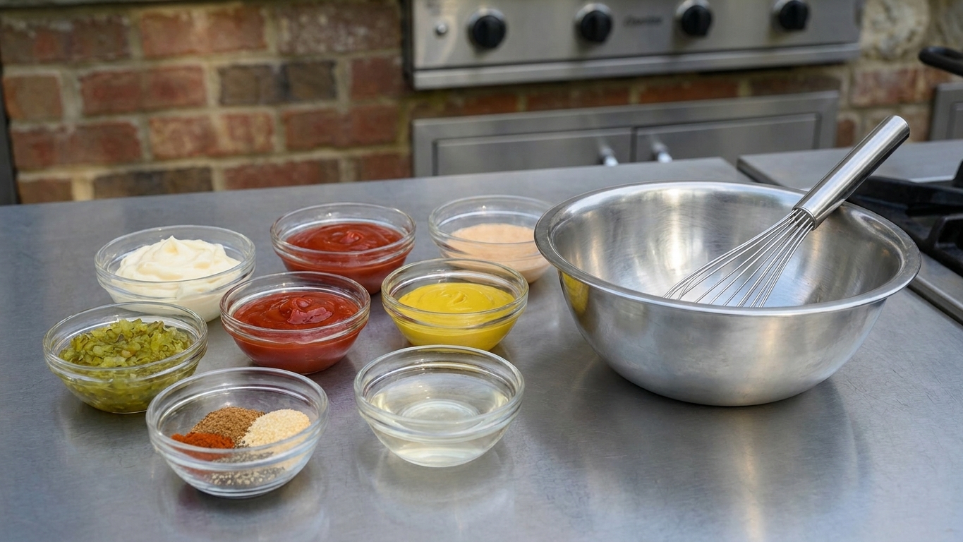 Mayonnaise, ketchup, mustard, relish, vinegar, and spices measured in small bowls next to a mixing bowl