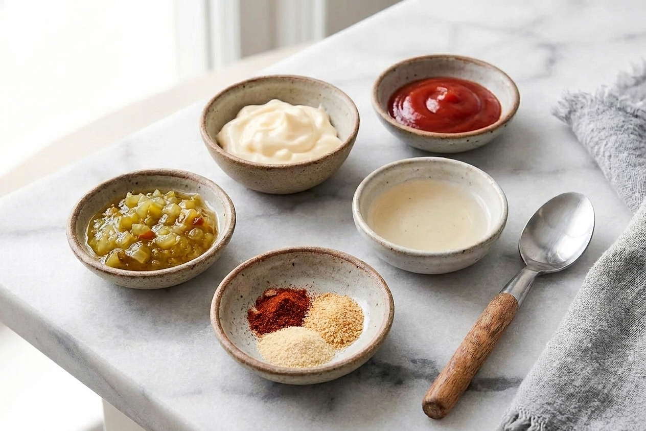 Mayonnaise, ketchup, sweet pickle relish, vinegar, and spices measured out in small bowls on a kitchen counter