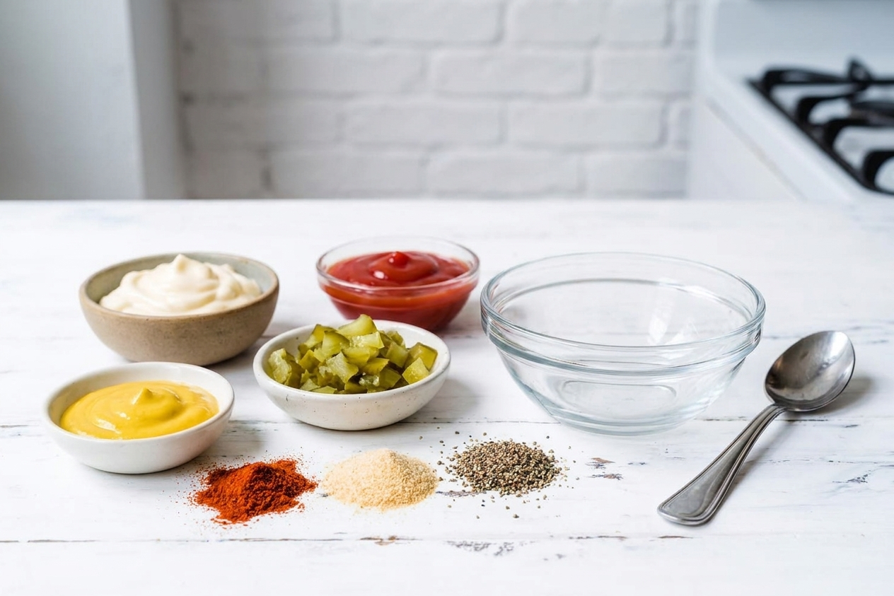 Mayonnaise, ketchup, yellow mustard, dill pickles, and spices measured out on a bright kitchen counter with a small bowl ready for mixing