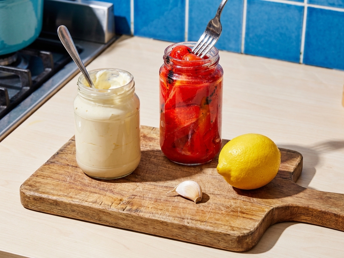 Mayonnaise, roasted red peppers, a lemon, and a clove of garlic set out on a cutting board on a home kitchen counter